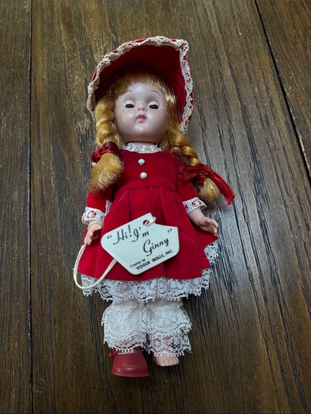 Vintage Vogue Dolls, Inc. Ginny Doll Red Lace Dress and Bonnet with Braids
